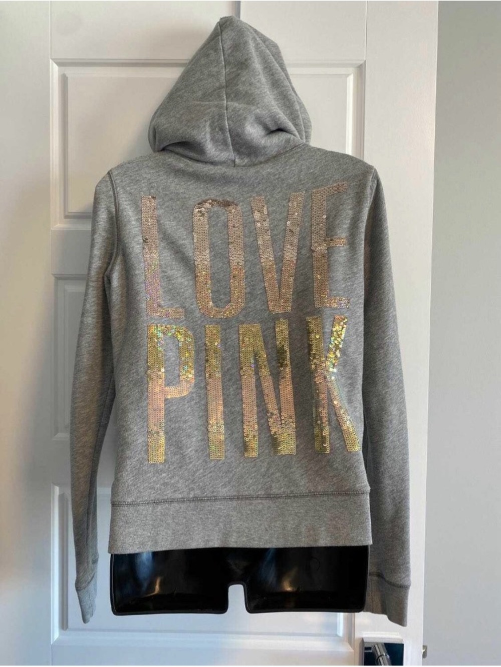 PINK Victoria's Secret Gray Hoodie with Iridescent Sequin 'LOVE PINK' Back